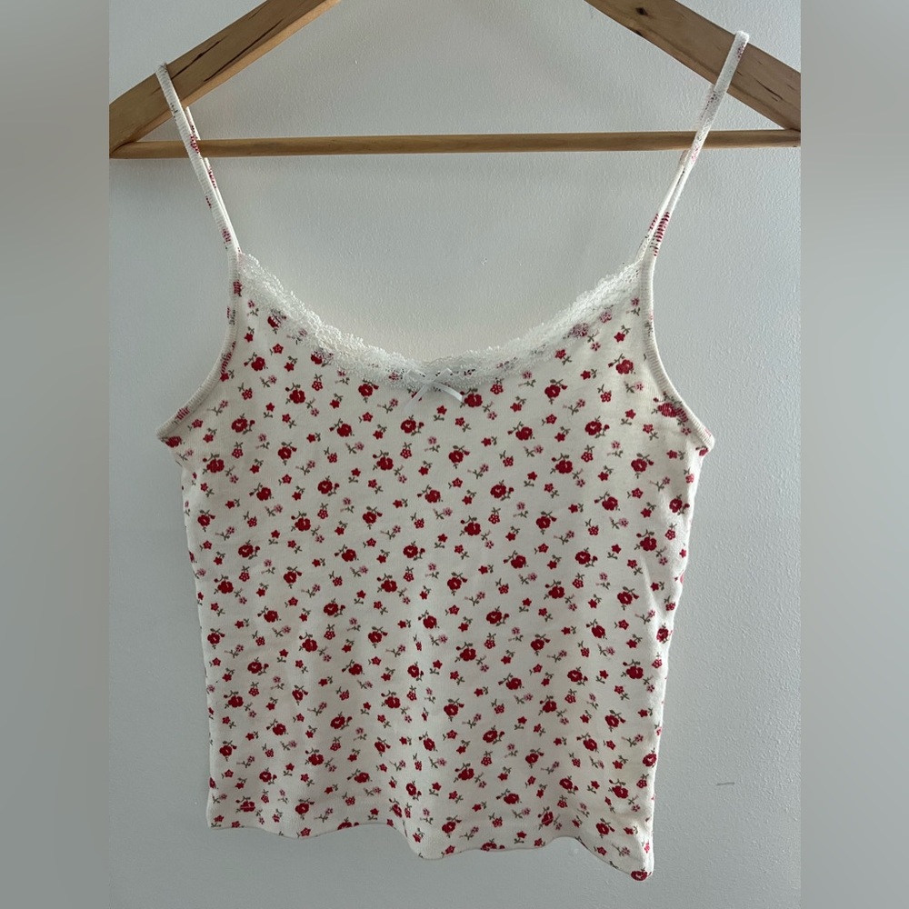 Brandy Melville Red and White Floral Tank Top